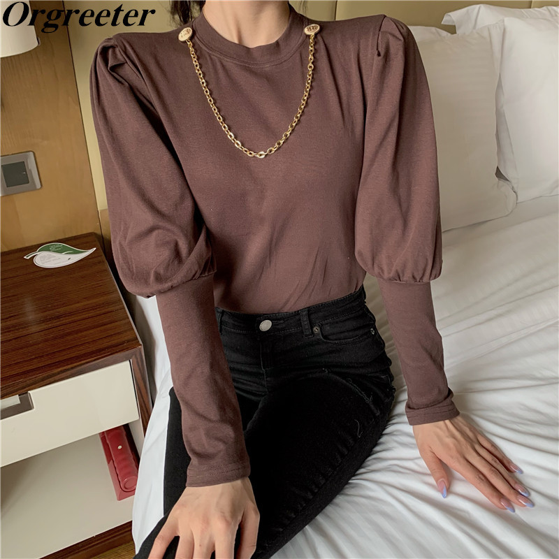 

Arrival Solid All-Match Womens Tops and Blouses Long Puff Sleeve Chic Chain Decoration blusa feminina 210525, Black