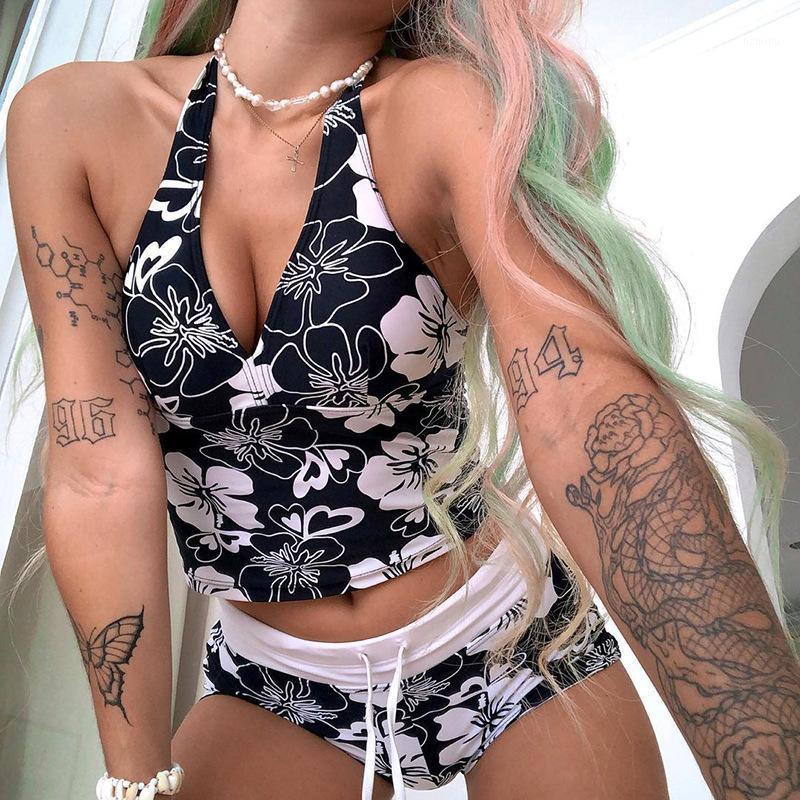 

Camisoles & Tanks Sexy Floral Print Camisole Women V-neck Halter Black White Backless Crop Tops Fashion Sleeveless Shirt Streetwear Beach Ho, Vest