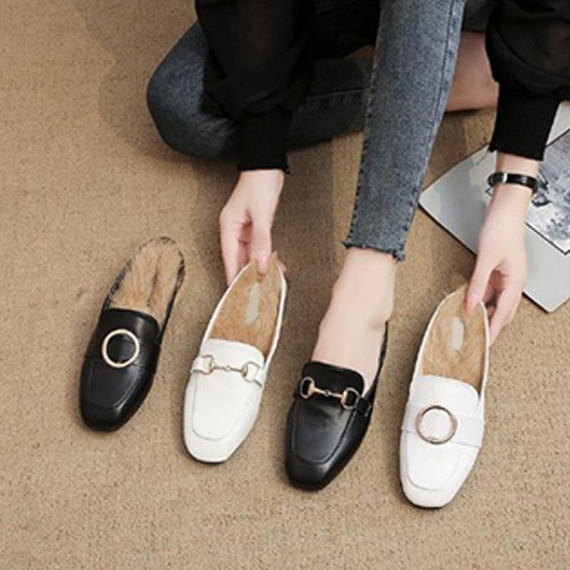 

Slippers 2021 Women Winter Warm Plush PU Leather Closed Toe Loafers Spring Autumn Women's Slides Low Heel Mules Slip On Footwear, 2 white