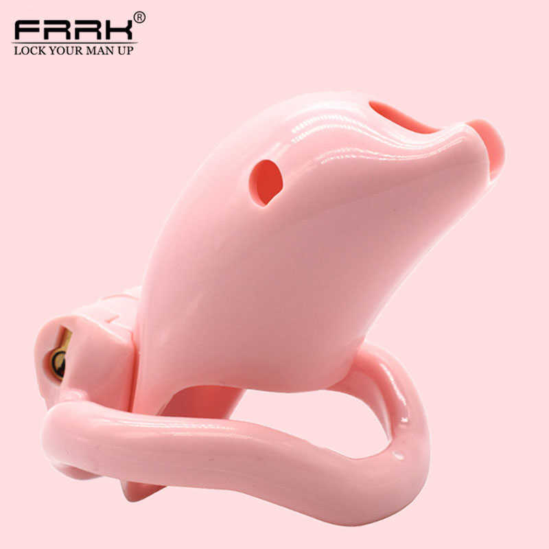 

FRRK Dolphin MALE CHASTITY CAGE Adult Sex toys For men Penis lock cage Pink color Curved snap ring Long cage11cm Y201118