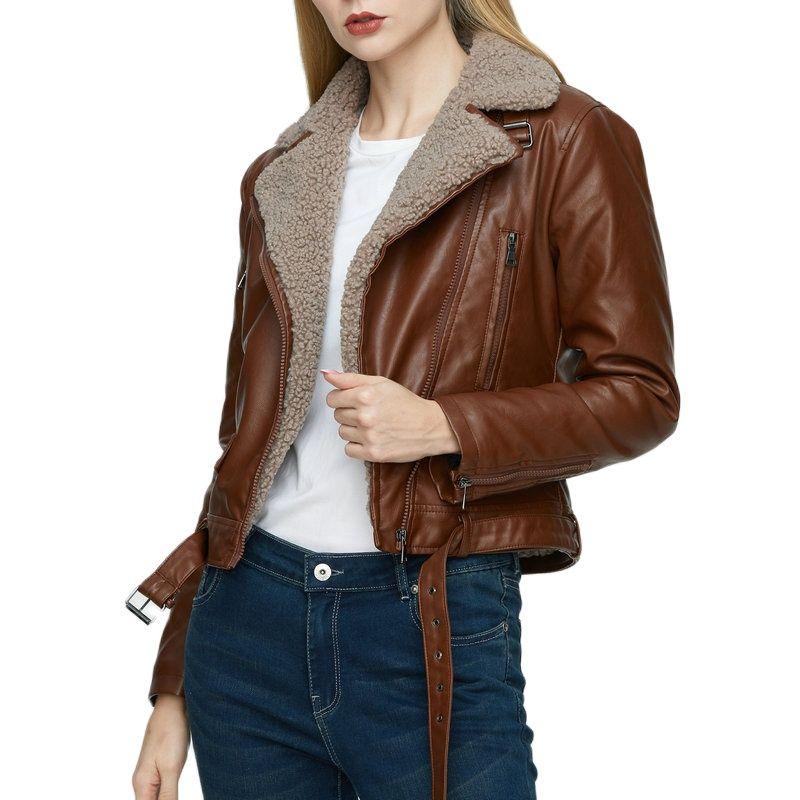 

Women's Leather & Faux 2022 Women Chic Winter Thick Warm Coffee Sheepskin Teddy Fur Jackets Female Vintage Motor Streetwear Coats Belt, Black