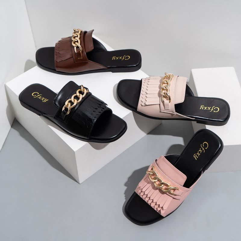 

Slippers 2021 Summer Women Open-toe Flat Fashion Buckle Beach Slides Casual Flip Flops Shoes Femme Sandals, Black