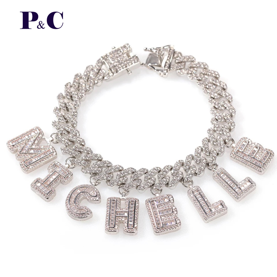 

Custom Name Cuban Link Bracelet And Necklace Ankle Gold Silver Plated Micro Paved Iced Out CZ For Men Women DIY Gift X0509