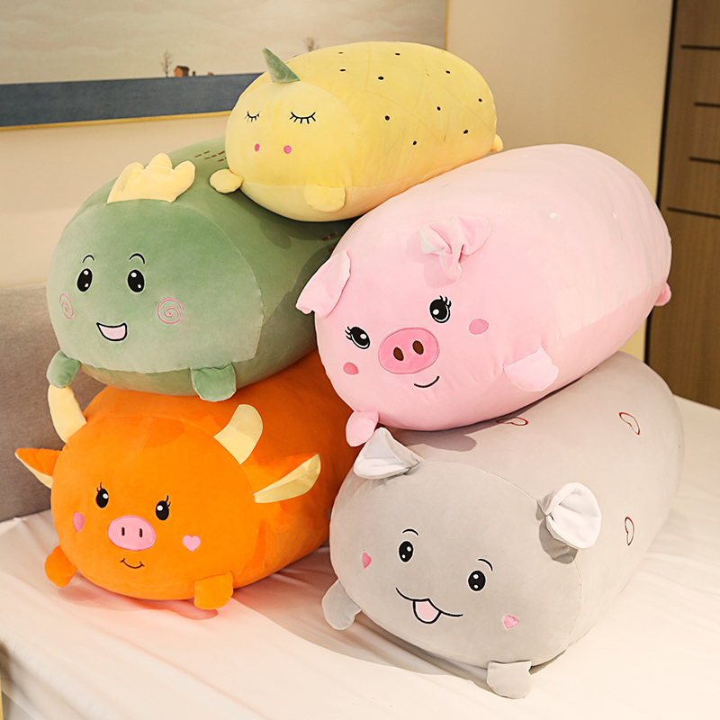Lovely Animal Fatty Plushie Giant Dino Cattle Hamster Pink Pig 3090cm Embroidered Bolster Pillow for Children Sleeping-image-674888435