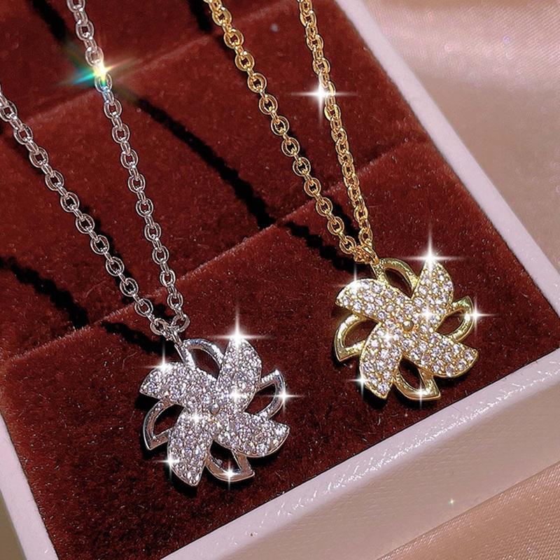 

Pendant Necklaces Creative Double Layer Rotating Windmill Necklace Fashion Women's Zircon Jewelry Silver Plated Charm