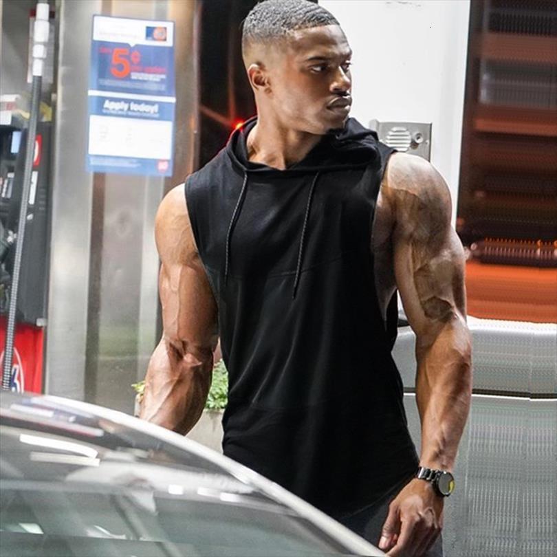 

mens crop tank with hoodie gym vest pactchwork singlet men hip hop fitness workout clothing, White;black