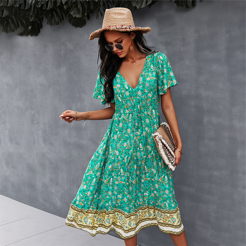 

Spring Print Women Casual Short Sleeve V Neck High Waist For Woman 2021 New Bohemian Summer Dress, Beige