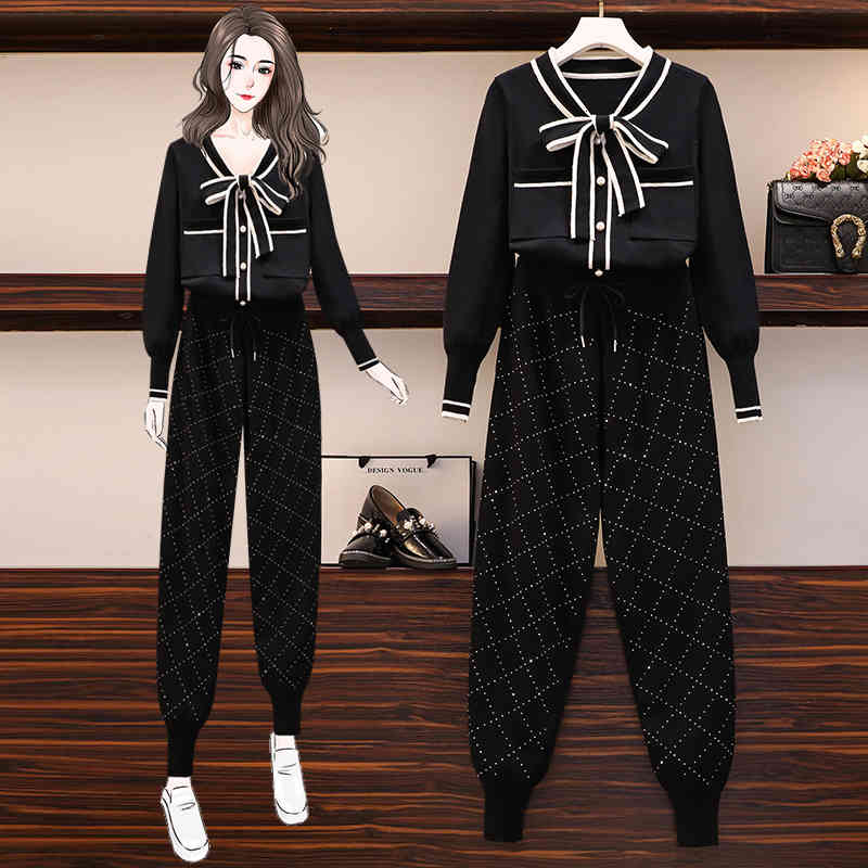 

Women's Suits & Blazers Plus female size winter mesh set for Korean women bow turtlenecks nightgown and diamond knitting harepant pant 5xl 2 piece joint NVJF, 1# shoe box