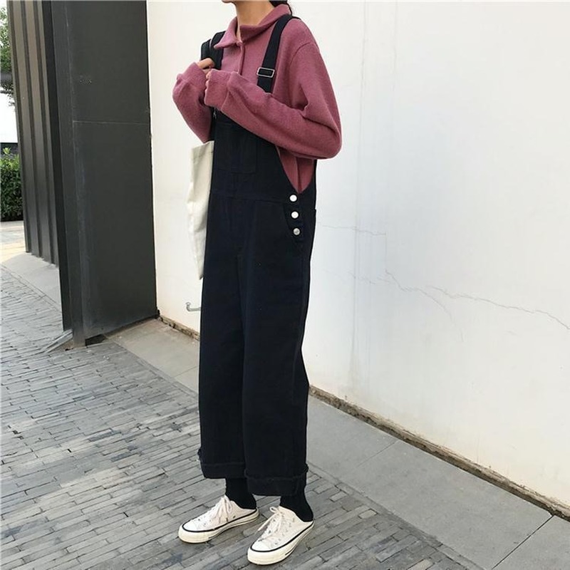 

2021jumpsuits women loose solid simple ankle-length streetwear korean style chic womens trendy casual ulzzang spring autumn overall, Black;white