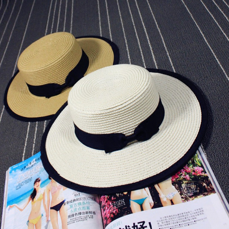 

New summer hat bow Korean flat top straw hat with big edge, Beige