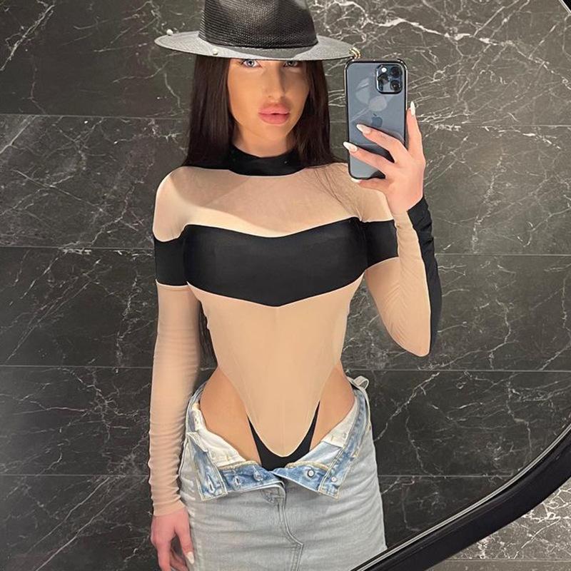 

Women' T-Shirt 2021 Autumn Winter Sexy Stitching Mesh Slim Solid Color Round Neck Long-sleeve One-piece Women Tops Bodycon Blouse, Khaki