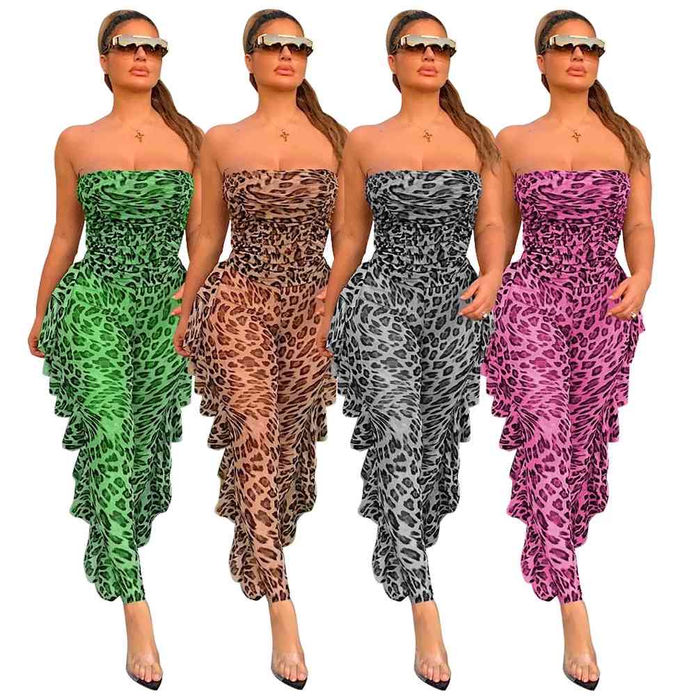Women&#039;s Jumpsuits & Rompers Sheer Mesh Leopard Print Womens Jumpsuit Off Shoulder Side Ruffles Party Club Outfit Summer Strapless Draped Bod-image-685166167