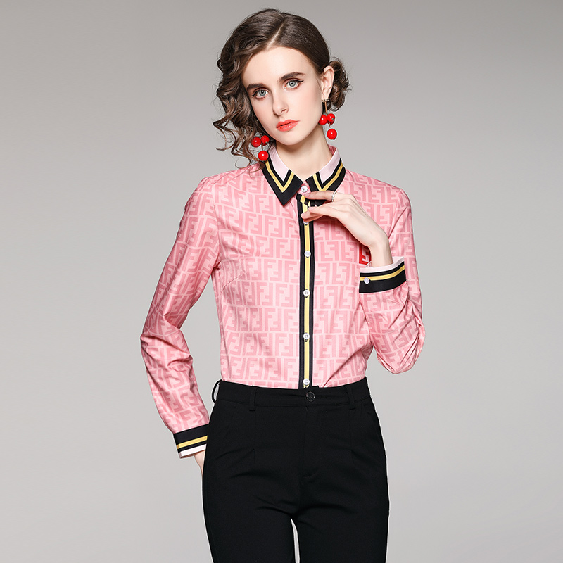 

Quality Classic Printed Shirts Runway Elegant Women's Designer Blouse Spring Autumn Office Ladies Beautiful Long Sleeve Button Shirt Tops, White
