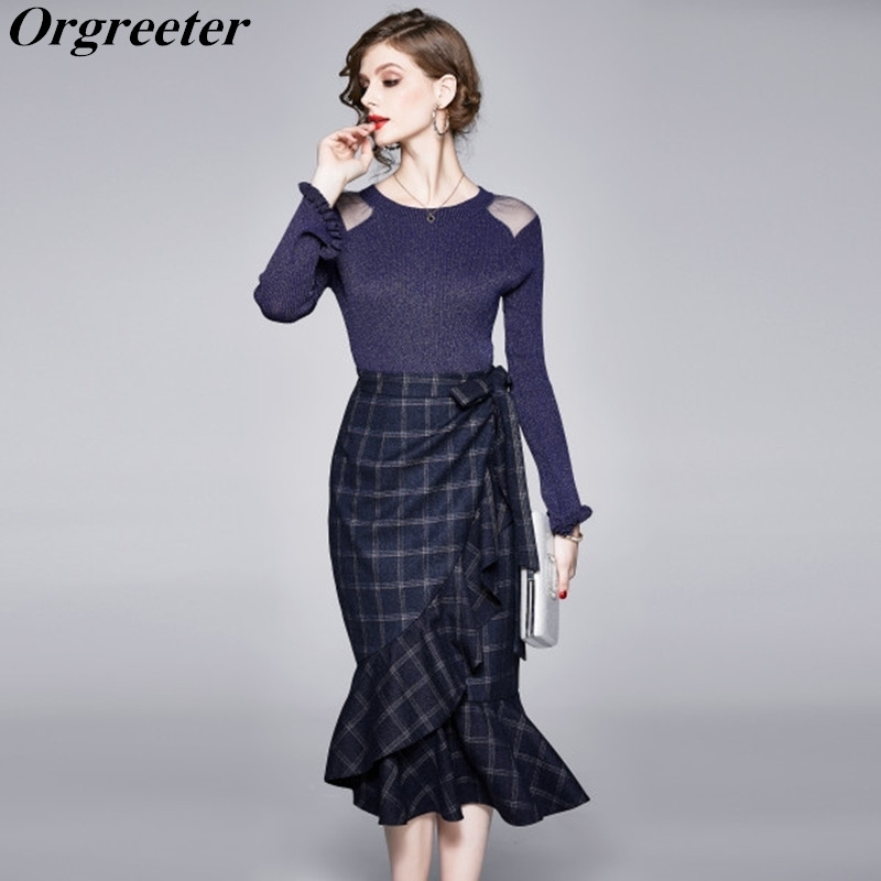 

Women O-neck Slim Knittwear Top + Ruffles Plaid Mermaid Skirt 2 Piece Set Spring Autumn Shoulders Mesh Flare sleeve Sweater Sets 210525, Blue