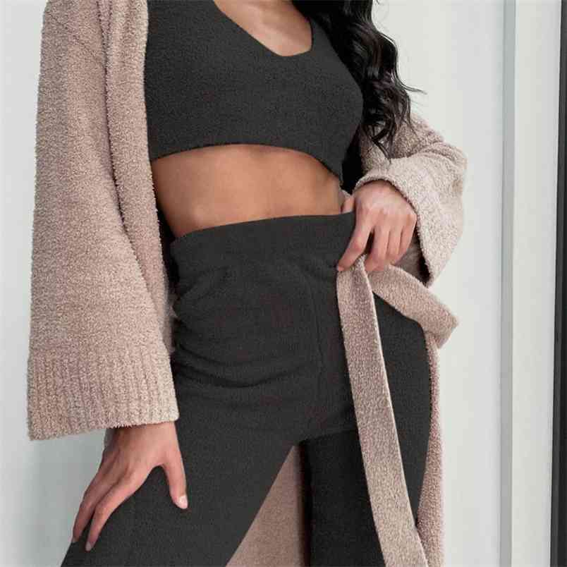 

Autumn Winter Sexy V-neck Sling Cropped Plush Home Wear Crop Top And Long Pant Two-piece Set Women Clothes Conjuntos De Mujer 210517, Brown
