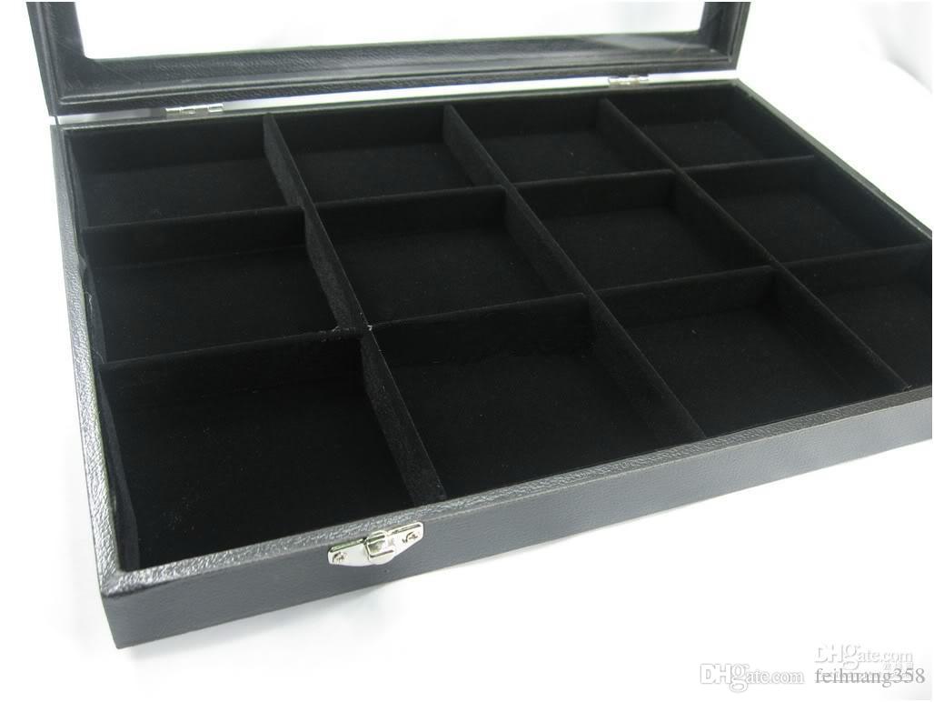 

POCKET WATCH COMPARTMENT JEWELRY GLASS DISPLAY CASE BOX 12 compartment, Black;white