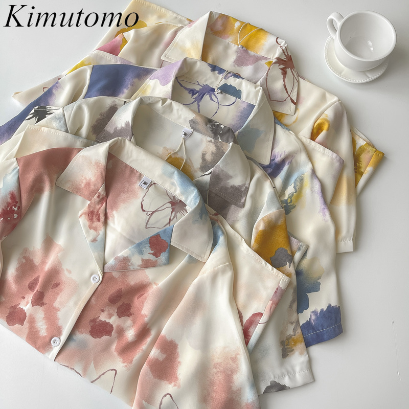

Kimutomo Printed Short-sleeved Shirt Spring Summer Korean Stylish Notched Collar Single Breasted Loose Blouse Casual 210521, Floral 3