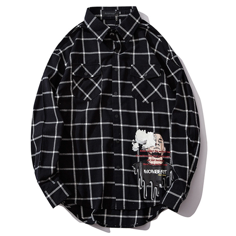 

men's casual shirts aolamegs men hip hop letter printed vintage full sleeve harajuku plaid fashion couple streetwear autumn agog, White;black