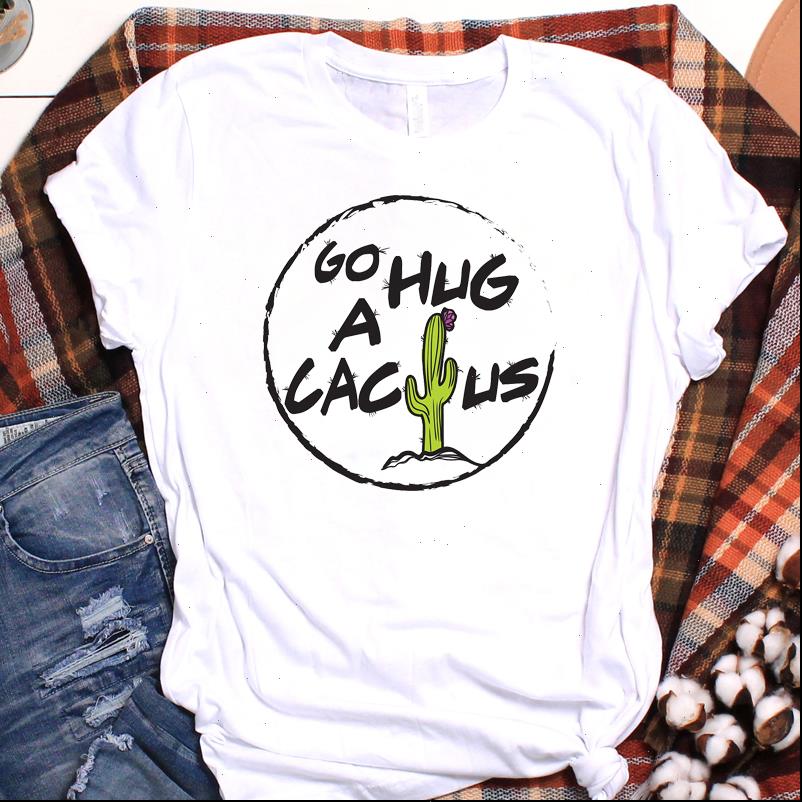 

cactus cat funny hug printed women t shirts fashion print graphic clothes tee female womens shirt clothing, White