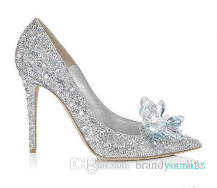 

2018 fashion women Silver Glass Bridal Wedding Shoes Classics Bling Crystal High Heels Shoes Woman Pointed Toe Women Pumps Zapatos Mujer