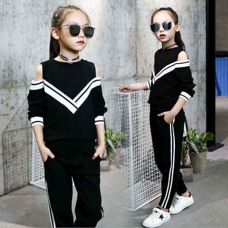 

Clothing Sets 2021 Fashion Big Girls Sports Suits Off Shoulder Black/ White Set For Teenage Spring Autumn Tracksuit Kids Sportswear