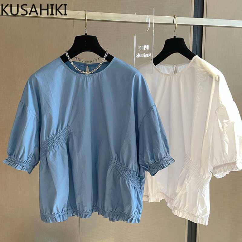 

KUSAHIKI Womens Tops Korean Causal Folds Sweet Doll Shirt Summer Puff Sleeve O-neck Blusas Mujer De Moda 6H574 210602, Orange