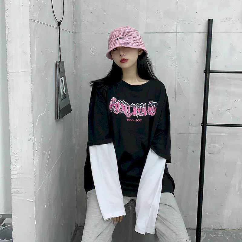 

Women T-shirt Korean version loose letter printing fake two-piece long-sleeved female Harajuku style student top 210526, Black