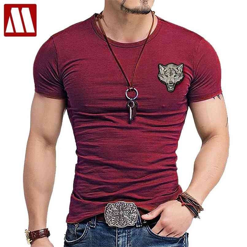 

Brand Men's Wolf embroidery Tshirt Cotton Short Sleeve T Shirt Spring Summer Casual O neck Slim T-Shirts Size S-5XL 210721, V neck white
