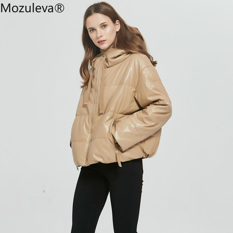 

Mozuleva Women Thick Warm PU Faux Leather Padded Coat 2021 Winter Zipper Hooded Jacket Parka Long Sleeve Pockets Outerwear Tops, Black