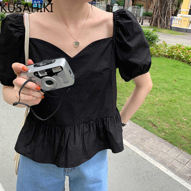 

Korea Chic Ruffle Womens Tops Puff Short Sleeve Square Collar Blouses Sprign Summer Sweet Blusas Shirt 6F914 210603, White