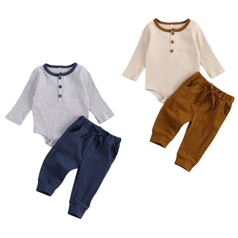 

Clothing Sets Born Infant Kid Baby Boys Girls Clothes Button Long Sleeve Romper Solid Color Drawstring Pocket Pants Outfit, White