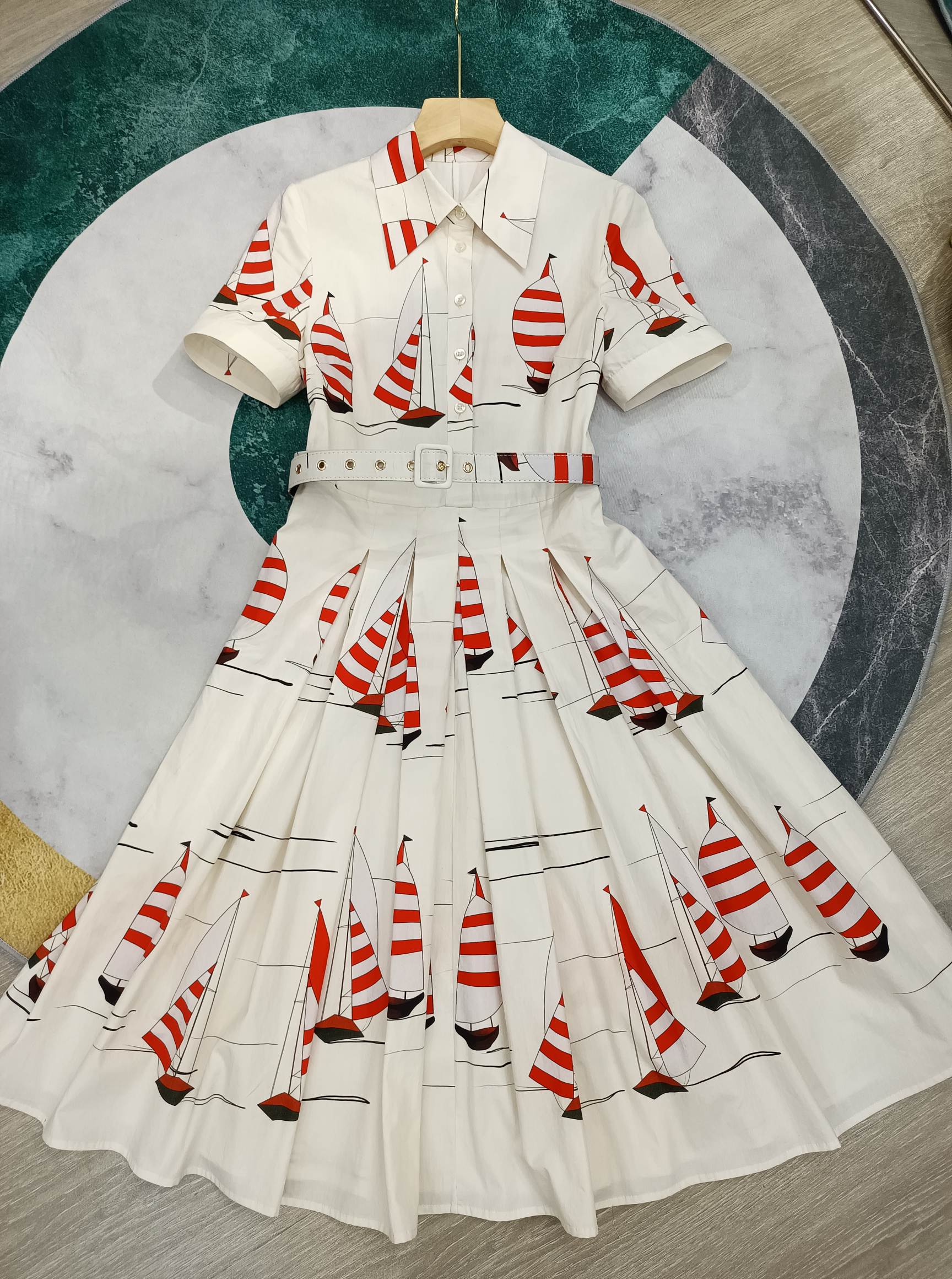 

2021 White Sailing Print Women Dress Milan Runway Lapel Neck Short Sleeves Empire Summer Dress 052103
