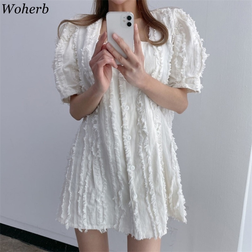 

White Dresses for Women Square Collar Puff Sleeve Mini Dress Chic Tassels Temperament Vestidos Mujer Summer Robe 95668 210519