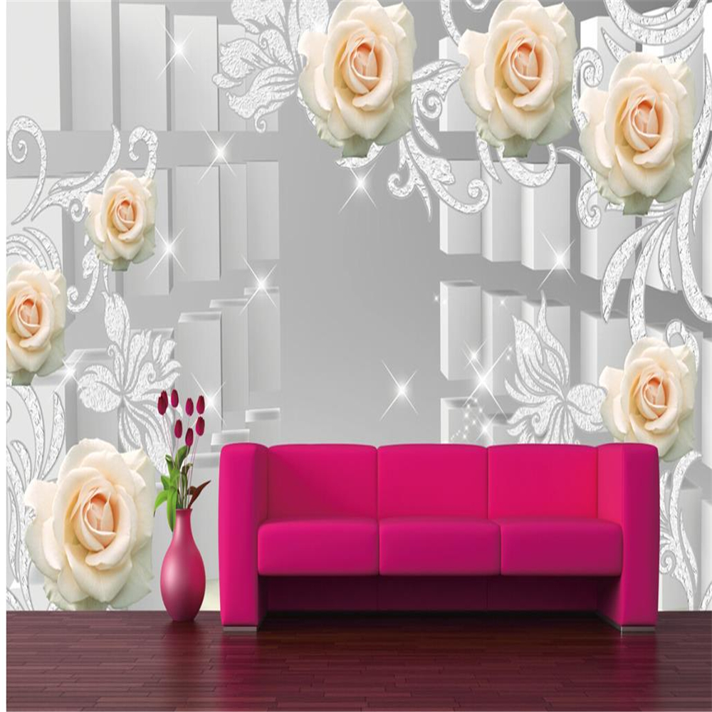 

Custom living room Rose pattern 3D square space TV background wallpaper mural, White