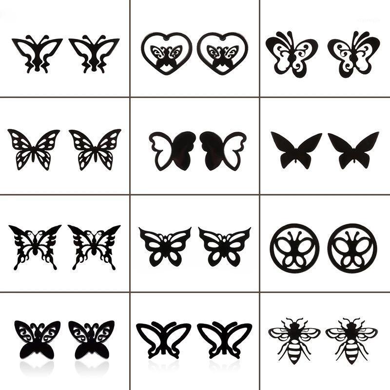 

Stud 2021 Black Stainless Steel Ear Cartilage Screw Butterfly Earrings Creative Engraved Piercing Jewelry