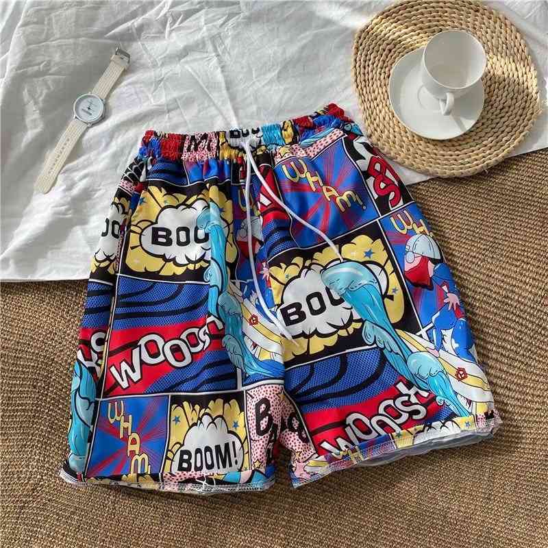 

Summer cartoon print beach pants 5-inch shorts quick dry loose men, White;black