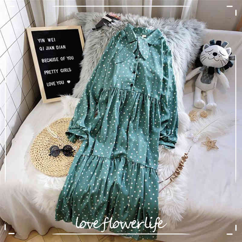 

Spring Summer Women Chiffon Dresses Casual Long Sleeve Dot Print Dresses High Waist Elegant Ruffles Loose Midi Dress 210521, Yellow