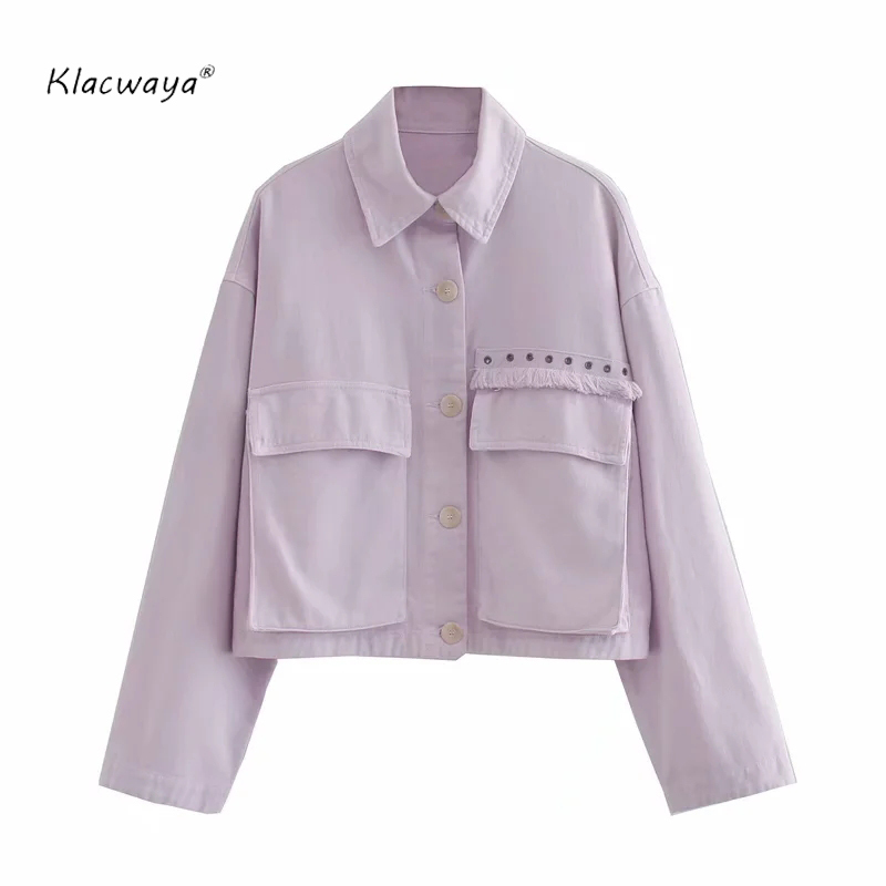 

Women Fashion Fringe Appliques Loose Cropped Jacket Coat Vintage Long Sleeve Pockets Female Outerwear Chic Tops 210521, Purple