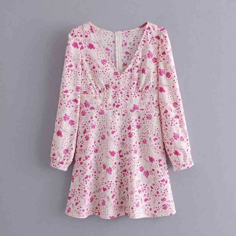 

Fashion Spring Sweet Floral Dress Lantern Sleeve V neck Cotton A line Mini Party Women Preppy Style 210525, Pink