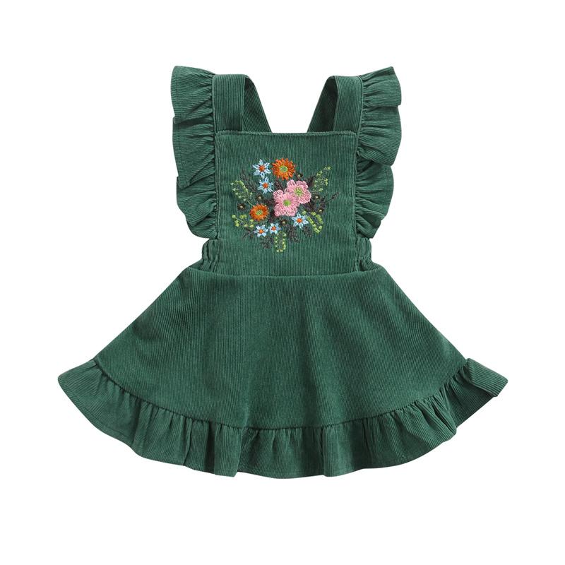 

Girl's Dresses Cute Infant Baby Girls Flower Embroidered Princess Dress Sleeveless Suspender Ruffles A-line Corduroy For 0-3Y, Green