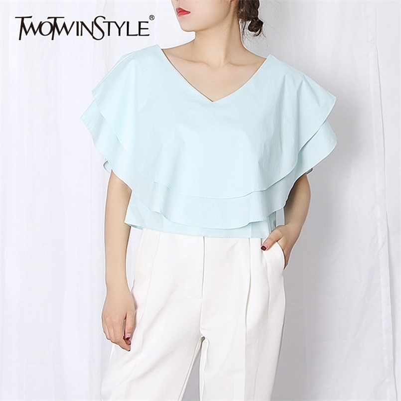 

Patchwork Ruffle Shirt For Women V Neck Short Sleeve Elegant Solid Blouse Female Fashion Clothing 210524, Blue