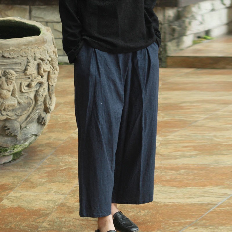 

Johnature Loose Leisure Cotton Linen Pockets Elastic Waist Wide Leg Pants Autumn Women All-match Ankle-length Pants 210521, Dark blue