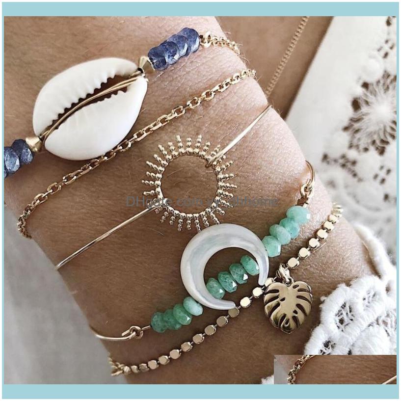 

Link, Jewelrylink, Chain Gold Color Bohemian Handmade Alloy Leaf Moon Shell Bracelet Sets Women Rope Bracelets Retro Jewelry Aessories Drop
