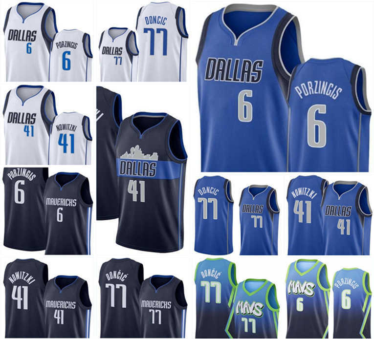 

Mens 77 Doncic Kristaps 6 Porzingis Basketball Jersey Men Dirk 41 Nowitzki City Bule White Shirt, Black;red
