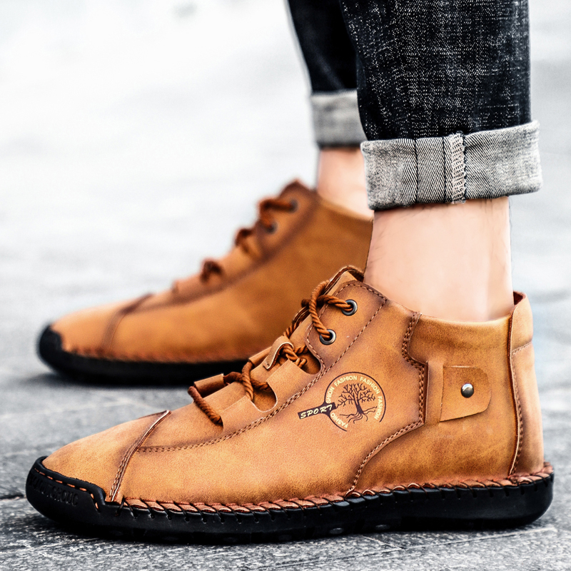 

British Style Men Leather Boots Handmade Ankle Boots Winter Men Casual Shoes Comfortable Flats Sneakers Non-slip Man Moccasins, Blue