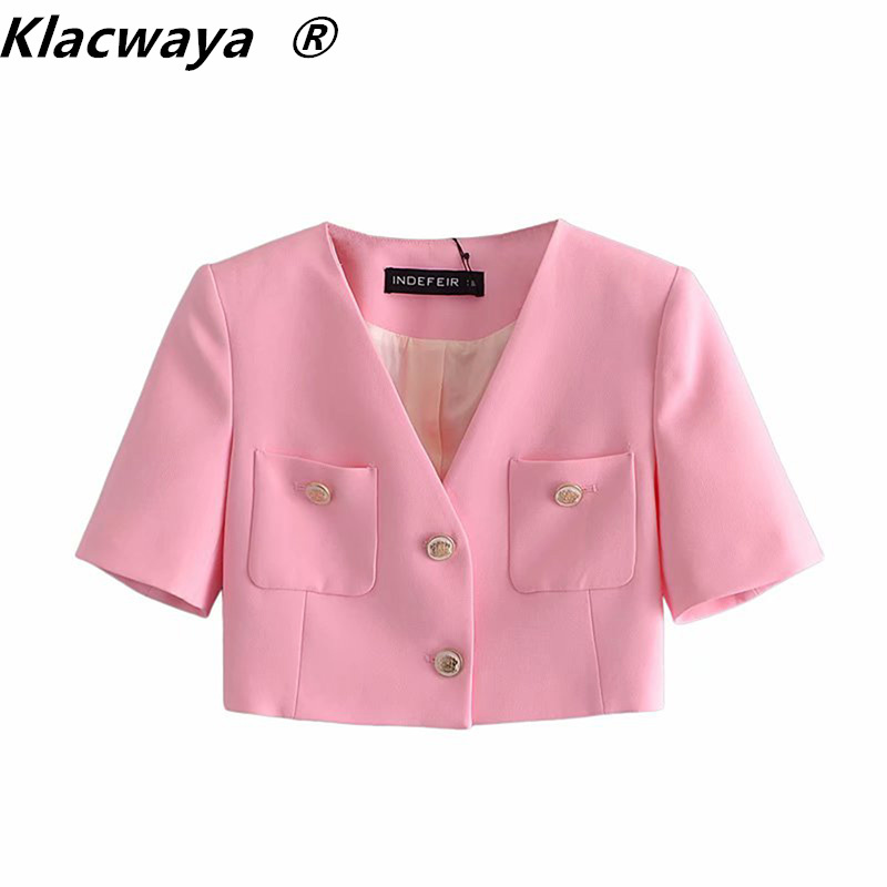 

Za Women Blazer Summer Pink V-Neck Short Sleeve Single Breasted Patch Pockets Cropped Casual Coat 210521, Pink-pants