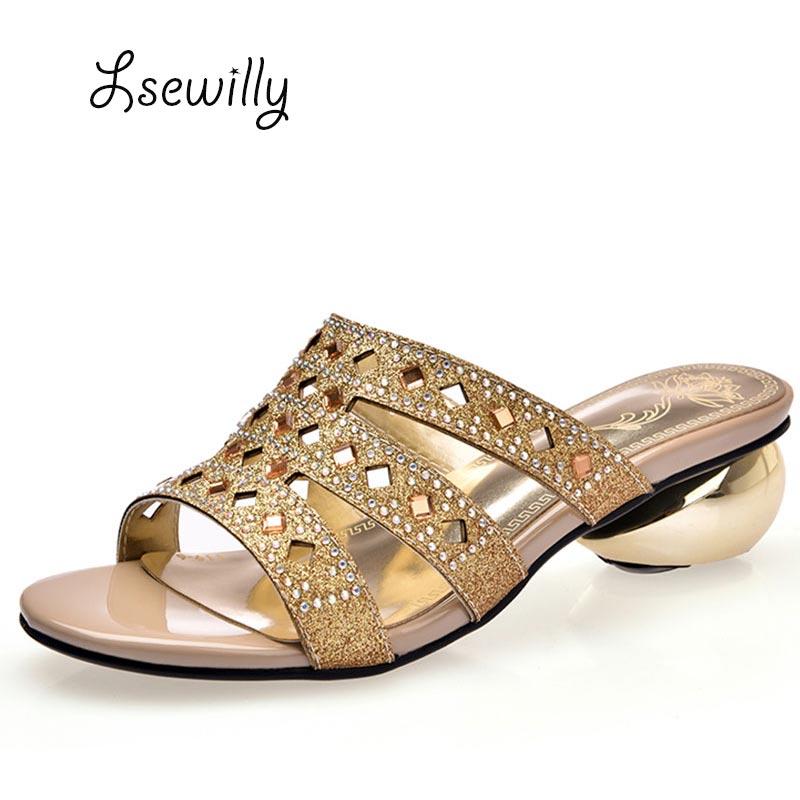 

Slippers Lsewilly 2021 Summer Woman Sandals Fashion Ladies Good Quality Crystal Thick Med-heeled Female Shoes Large Size SS791, Black