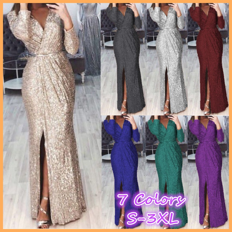 

Women's Long Sleeve Sexy Evening Party Deep V-neck Glitter Dress, Gold