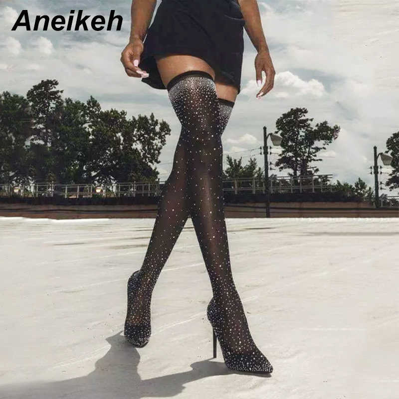 

Aneikeh Arrival Bling Crystal Over The Knee Slim Fit Long Boots Glittering Thin High Heel Thigh Dress Shoes 210615, Black