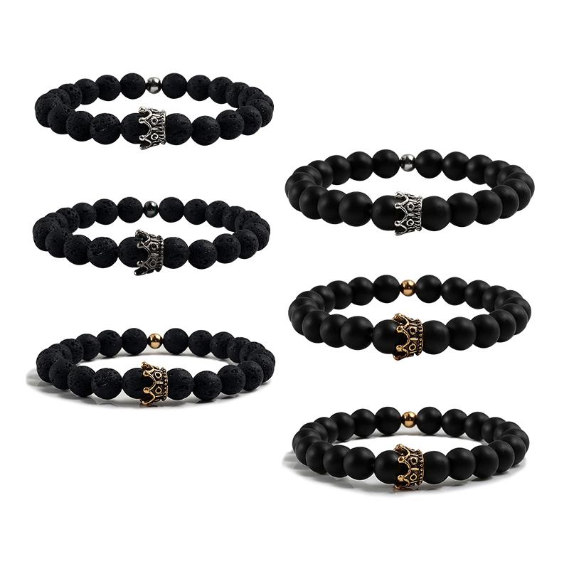 

Beaded, Strands Fashion Natural Volcanic Stone Beads Handmade Gold Silver Black Alloy Crown Jewelry Men's Bracelet Women Couple Charm Bracel